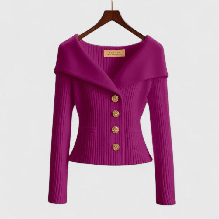Women's Elegant Ribbed Knit Cardigan with Off-Shoulder Neckline
