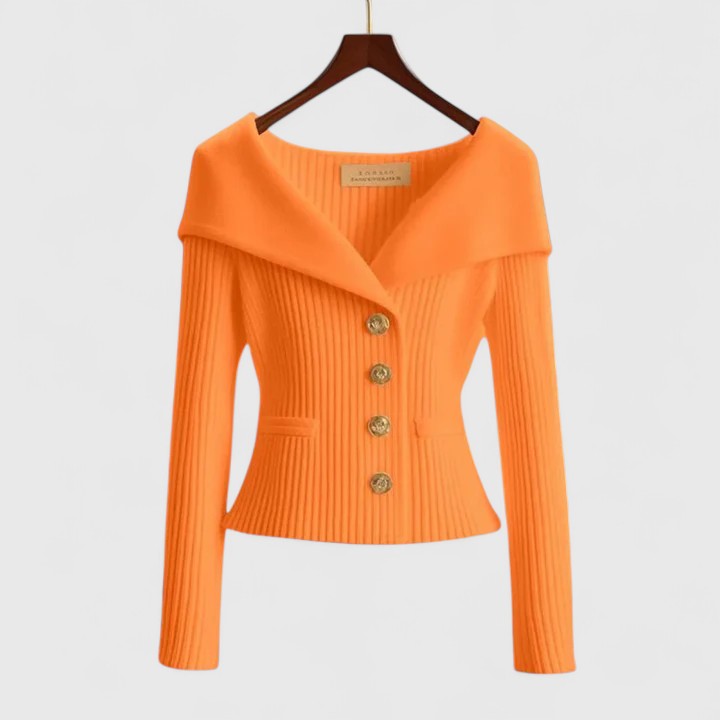 Women's Elegant Ribbed Knit Cardigan with Off-Shoulder Neckline