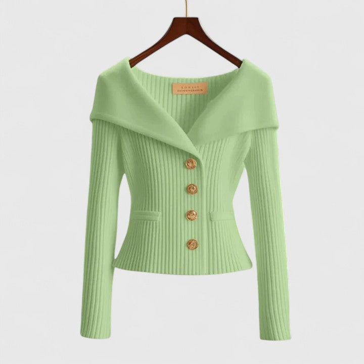 Women's Elegant Ribbed Knit Cardigan with Off-Shoulder Neckline