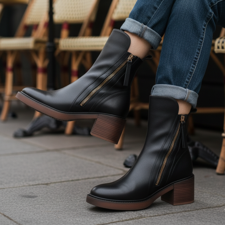 Isabella™ | Black leather boot with a comfortable heel, elegant and timeless