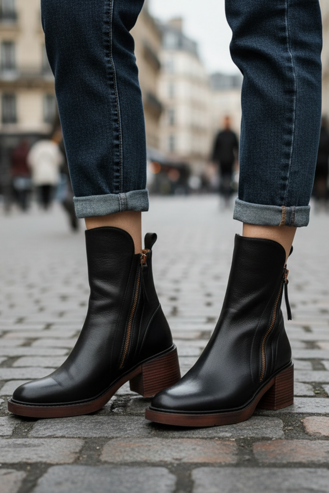 Isabella™ | Black leather boot with a comfortable heel, elegant and timeless