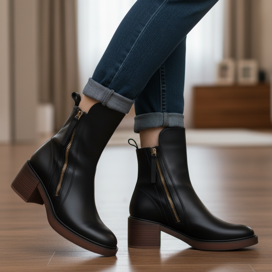 Isabella™ | Black leather boot with a comfortable heel, elegant and timeless
