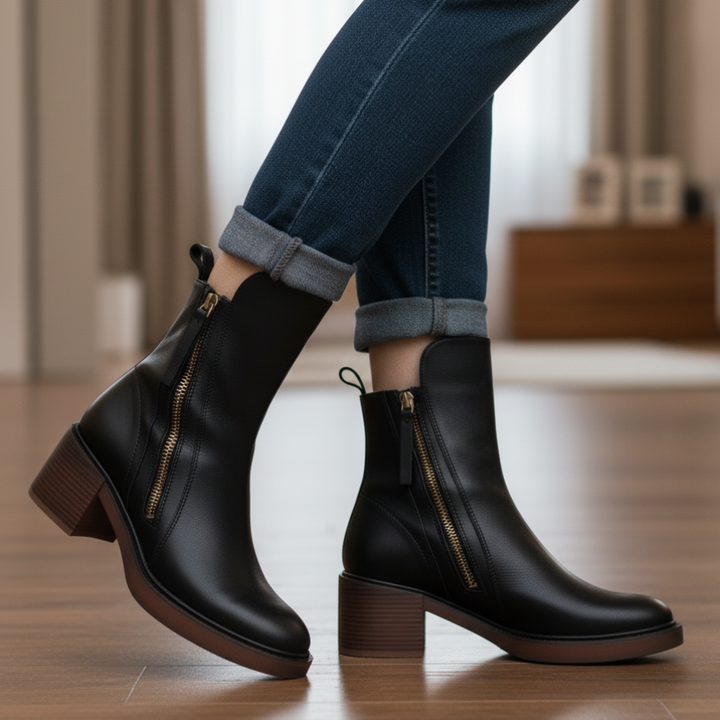 Isabella™ | Black leather boot with a comfortable heel, elegant and timeless