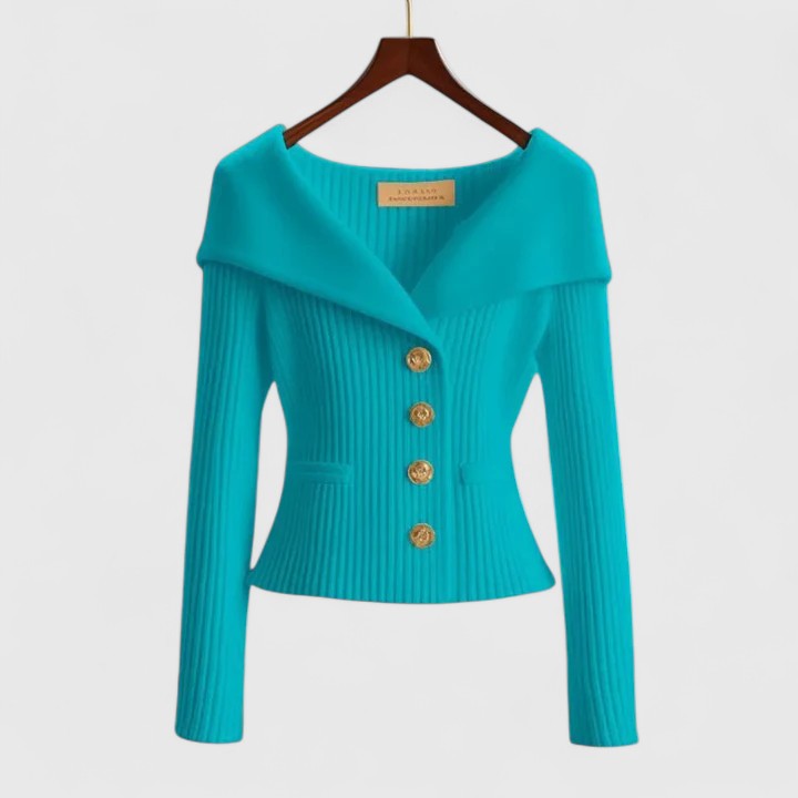 Women's Elegant Ribbed Knit Cardigan with Off-Shoulder Neckline