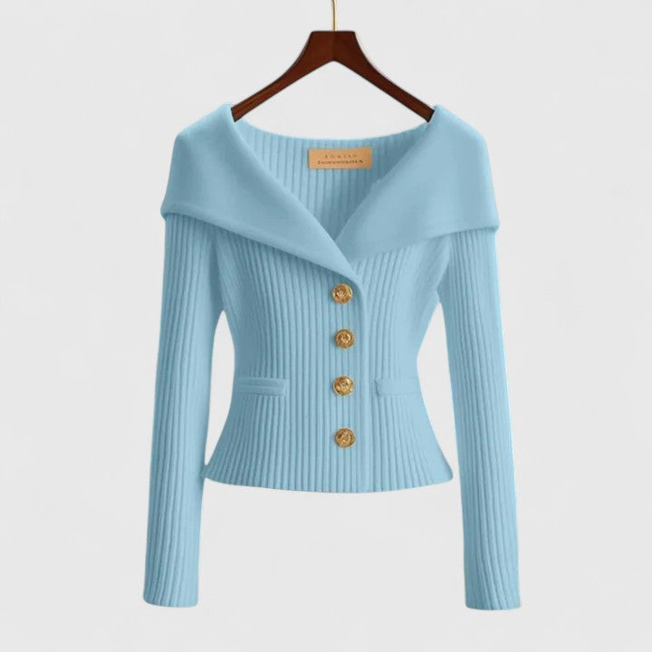 Women's Elegant Ribbed Knit Cardigan with Off-Shoulder Neckline