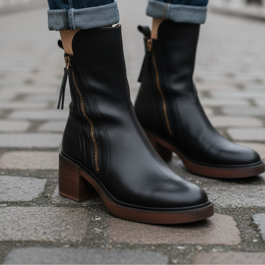 Isabella™ | Black leather boot with a comfortable heel, elegant and timeless