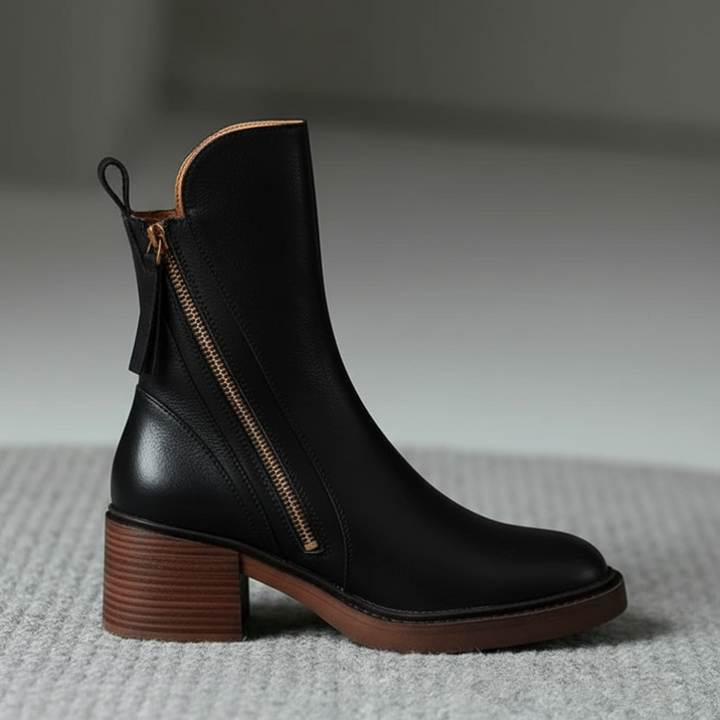 Isabella™ | Black leather boot with a comfortable heel, elegant and timeless