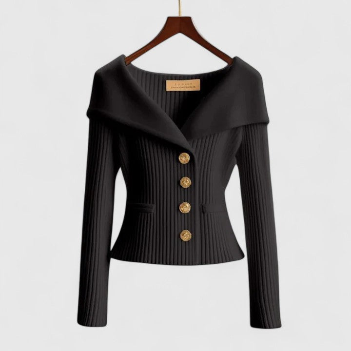 Women's Elegant Ribbed Knit Cardigan with Off-Shoulder Neckline