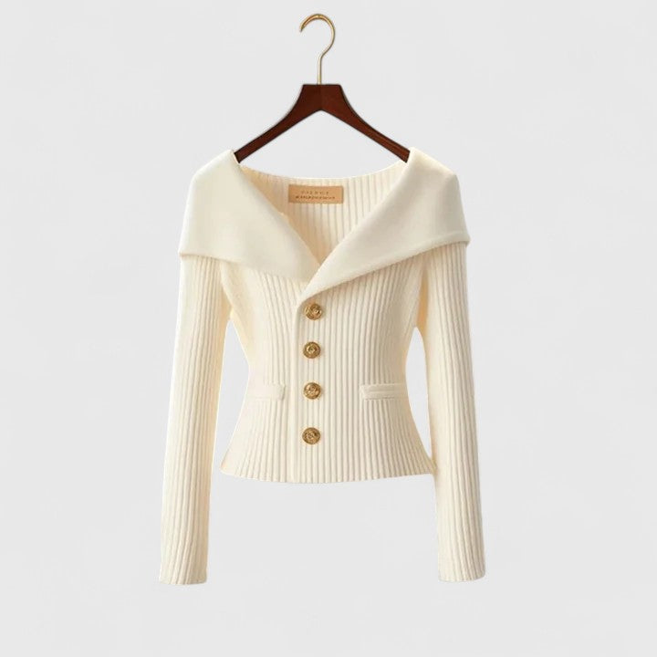 Women's Elegant Ribbed Knit Cardigan with Off-Shoulder Neckline