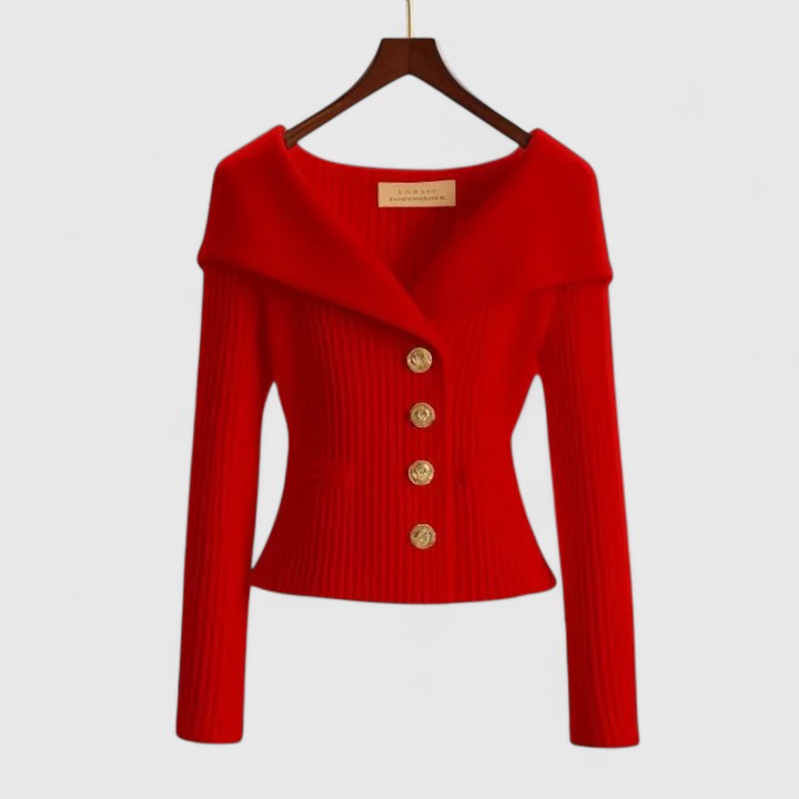 Women's Elegant Ribbed Knit Cardigan with Off-Shoulder Neckline