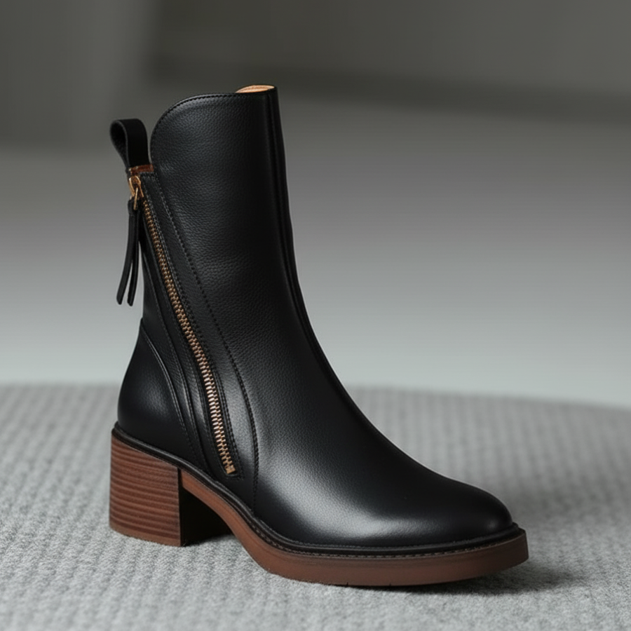 Isabella™ | Black leather boot with a comfortable heel, elegant and timeless