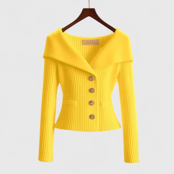 Women's Elegant Ribbed Knit Cardigan with Off-Shoulder Neckline