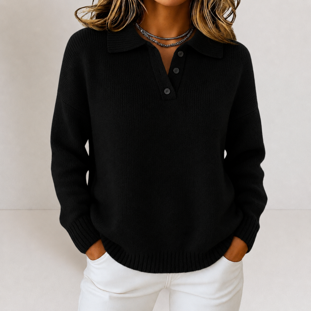 Women's Classic Knit Polo Jumper with Long Sleeves and Ribbed Hem