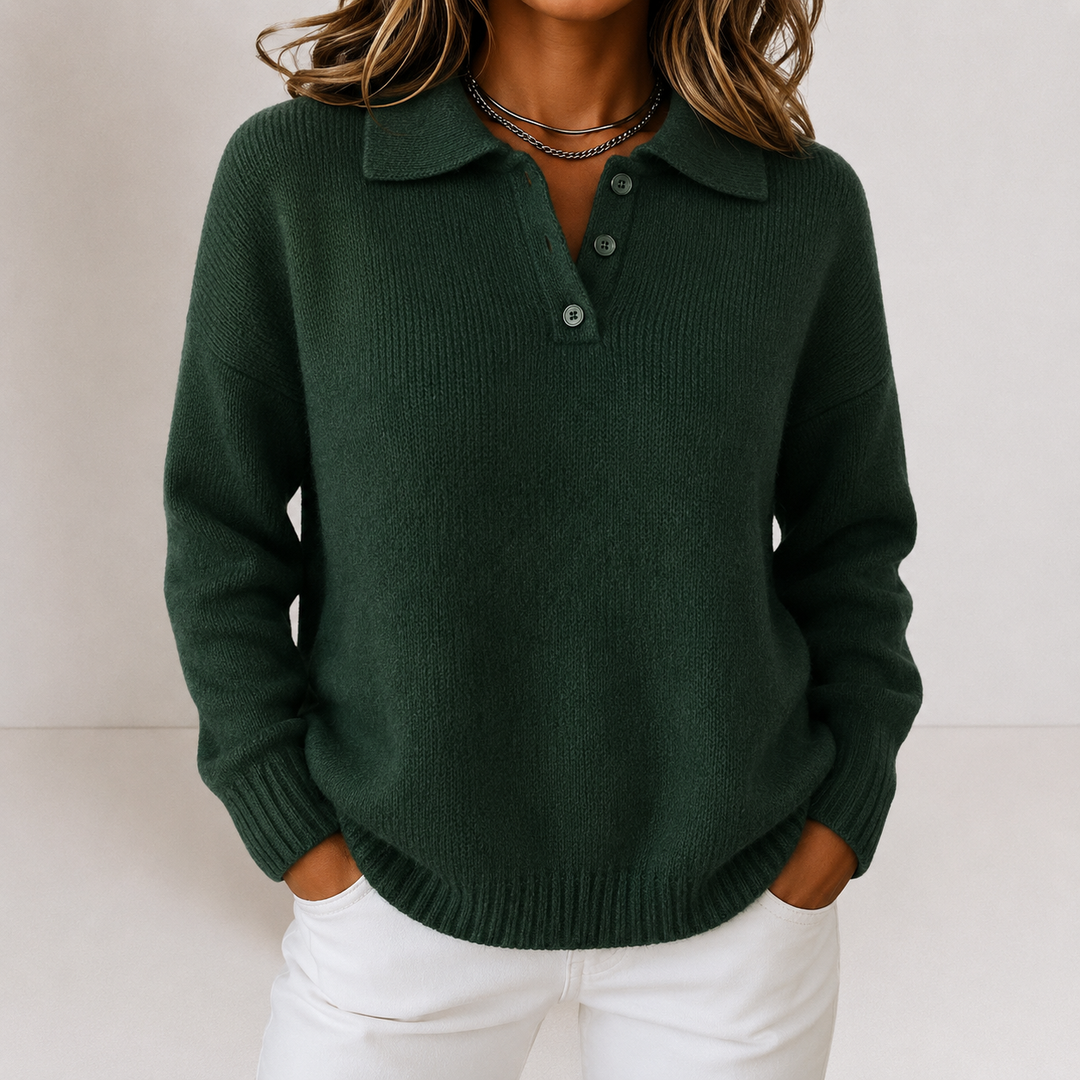Women's Classic Knit Polo Jumper with Long Sleeves and Ribbed Hem
