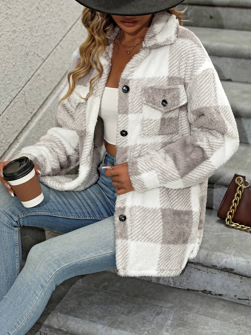 Women's Relaxed Grey and White Fleece Shacket