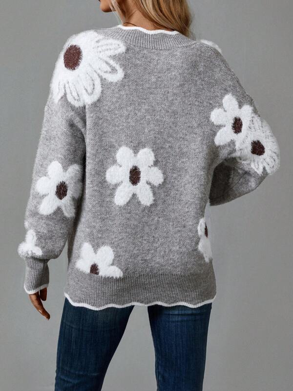 Women's Cosy Floral Knit Jumper with V Neck and Ribbed Cuffs