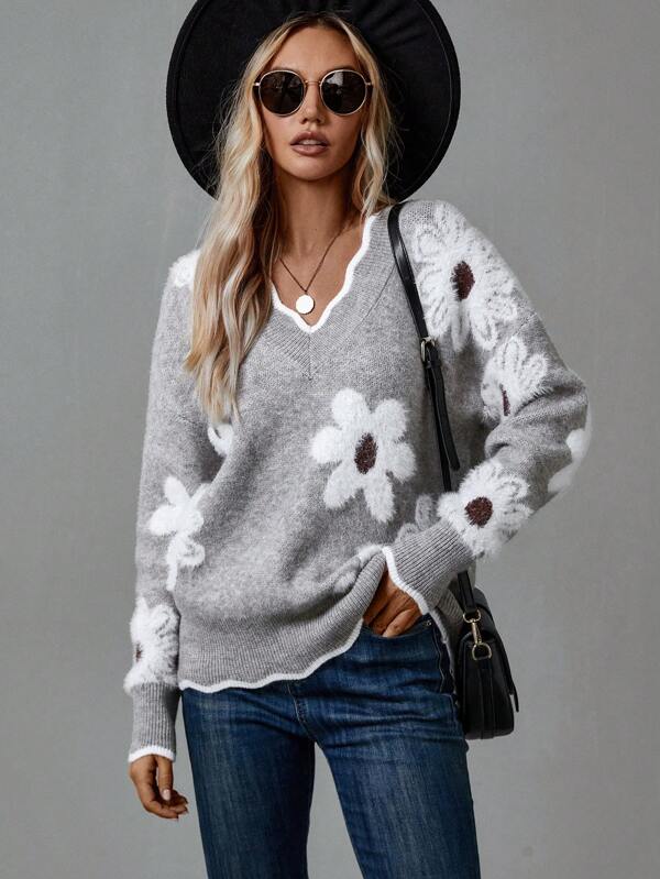 Women's Cosy Floral Knit Jumper with V Neck and Ribbed Cuffs
