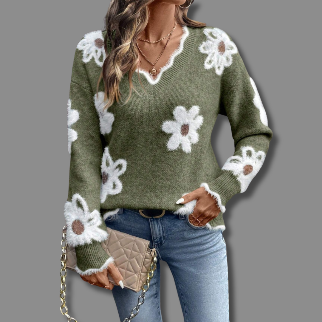Women's Cosy Floral Knit Jumper with V Neck and Ribbed Cuffs