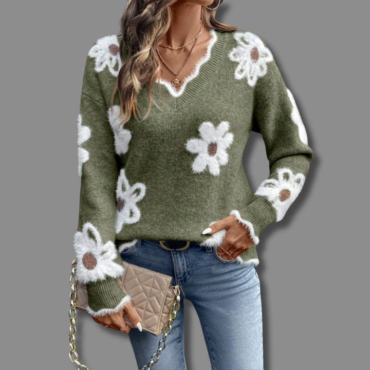 Women's Cosy Floral Knit Jumper with V Neck and Ribbed Cuffs