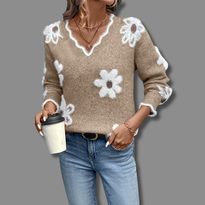 Women's Cosy Floral Knit Jumper with V Neck and Ribbed Cuffs