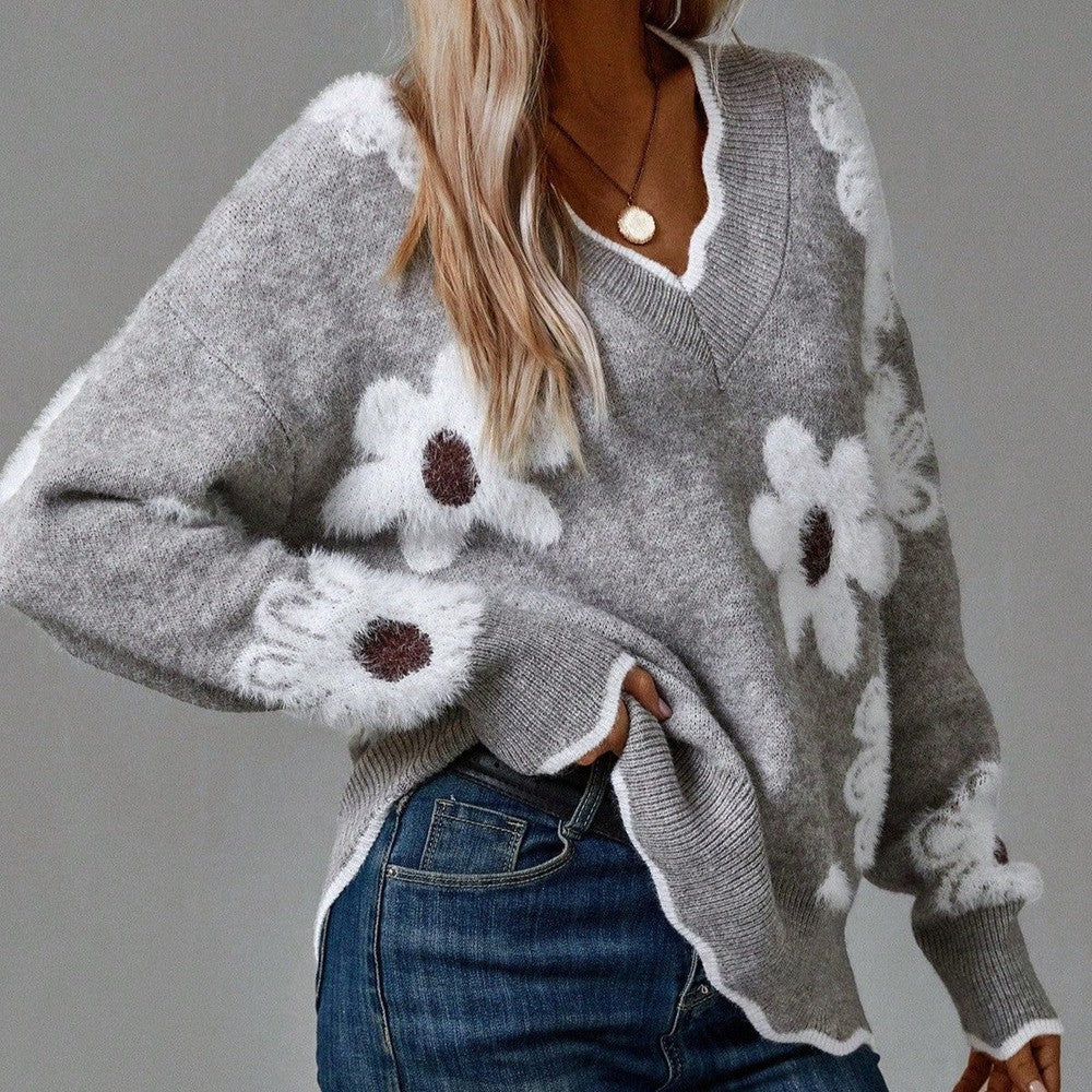 Women's Cosy Floral Knit Jumper with V Neck and Ribbed Cuffs