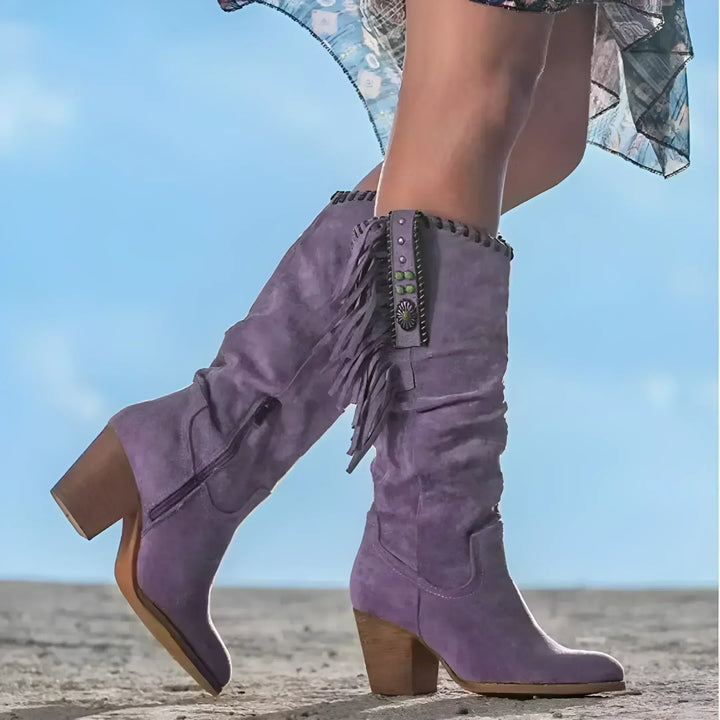 Women's Lightweight Suede Knee High Western Cowboy Boots with Chunky Heel