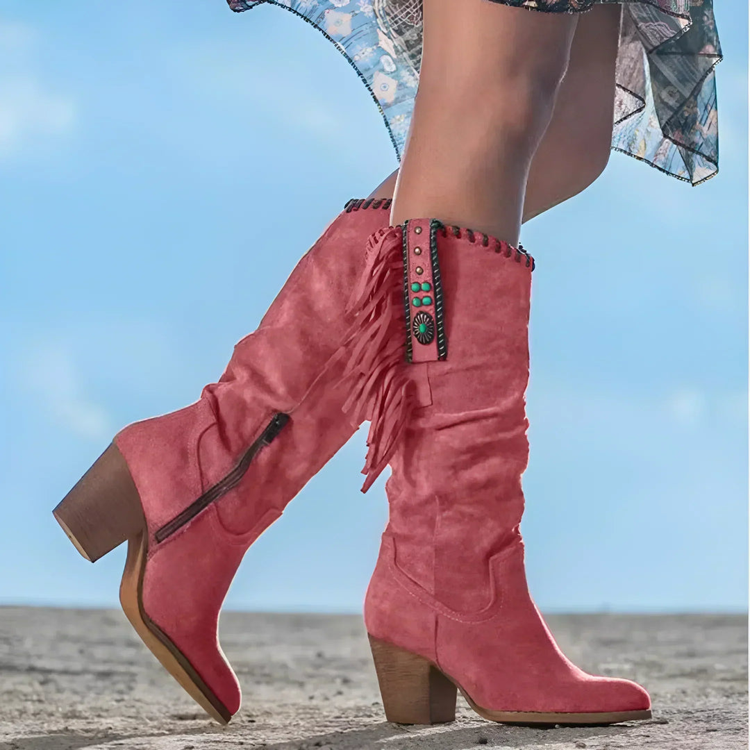 Women's Lightweight Suede Knee High Western Cowboy Boots with Chunky Heel