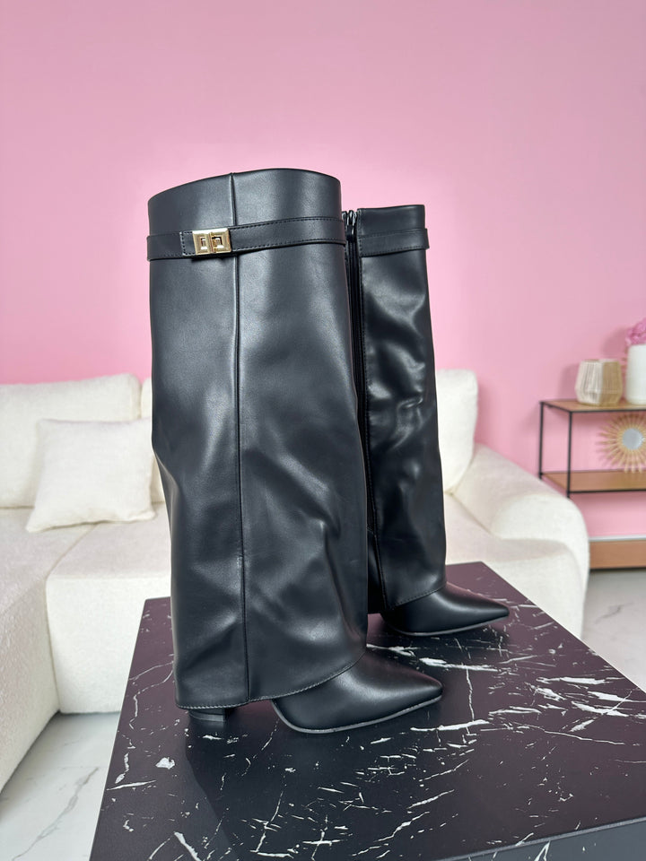 Women's Gorgeous Black Leather Knee High Boots with Pointed Toe and Block Heel