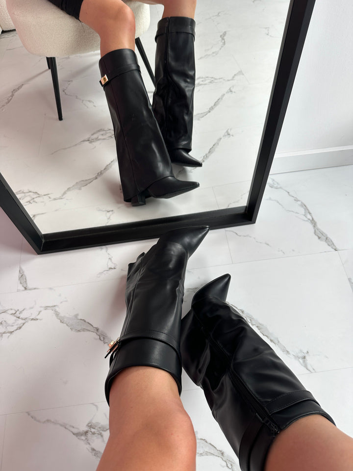 Women's Gorgeous Black Leather Knee High Boots with Pointed Toe and Block Heel