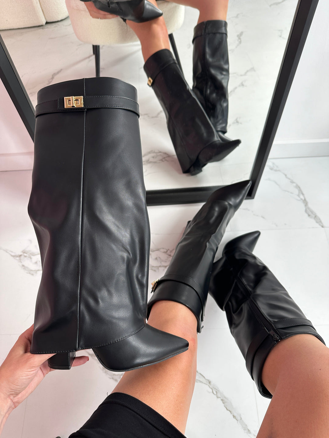 Women's Gorgeous Black Leather Knee High Boots with Pointed Toe and Block Heel