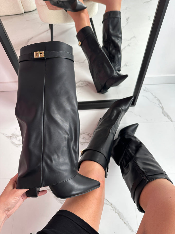 Women's Gorgeous Black Leather Knee High Boots with Pointed Toe and Block Heel