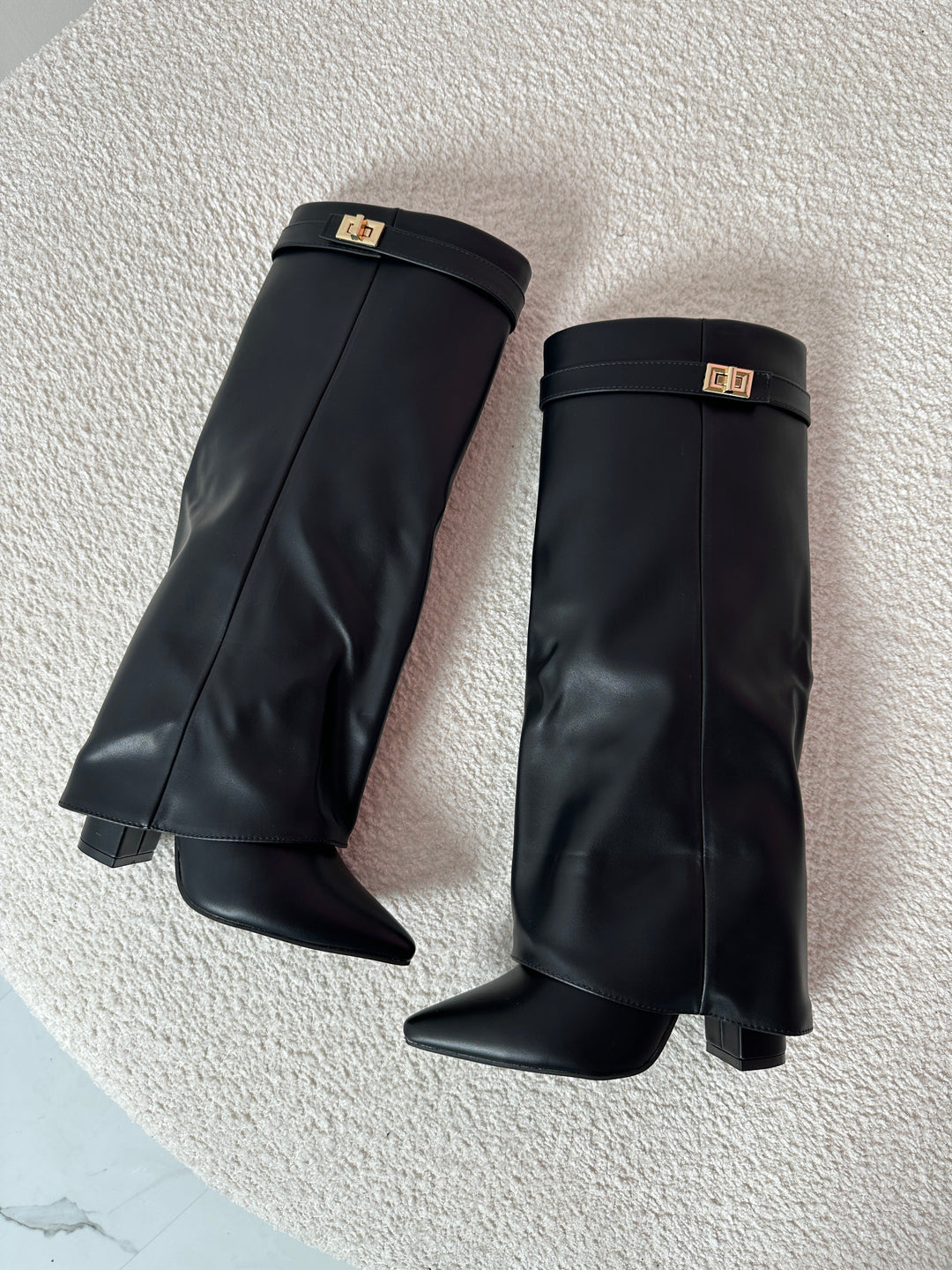 Women's Gorgeous Black Leather Knee High Boots with Pointed Toe and Block Heel