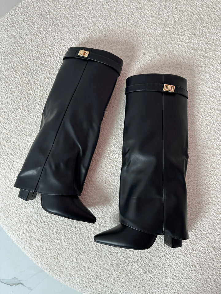 Women's Gorgeous Black Leather Knee High Boots with Pointed Toe and Block Heel