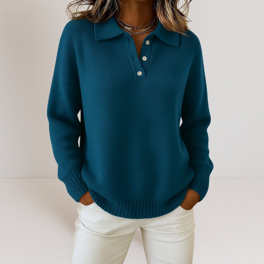 Women's Classic Knit Polo Jumper with Long Sleeves and Ribbed Hem