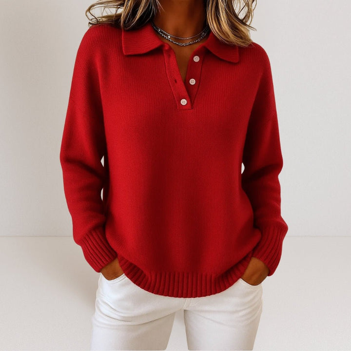 Women's Classic Knit Polo Jumper with Long Sleeves and Ribbed Hem