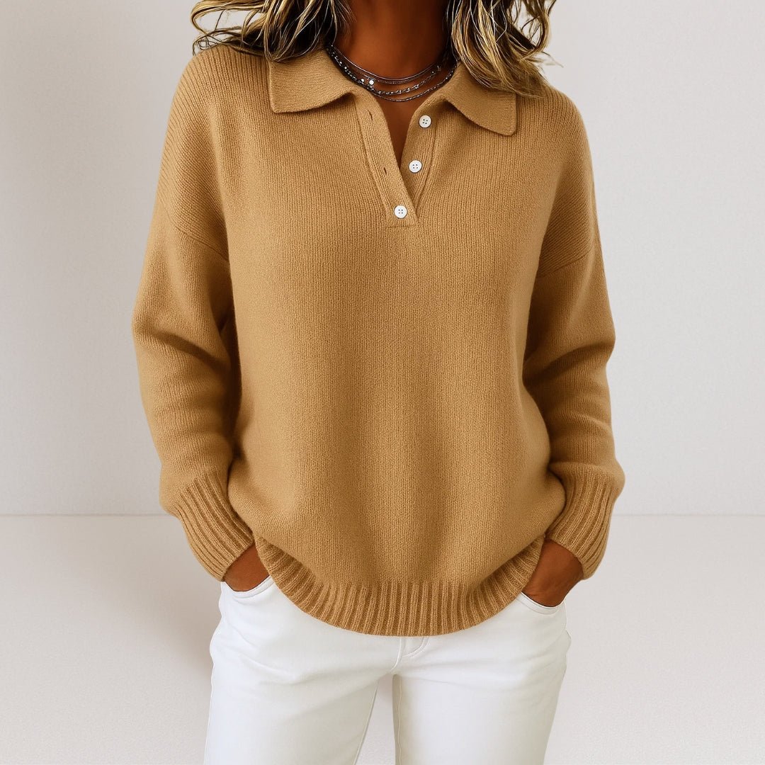 Women's Classic Knit Polo Jumper with Long Sleeves and Ribbed Hem