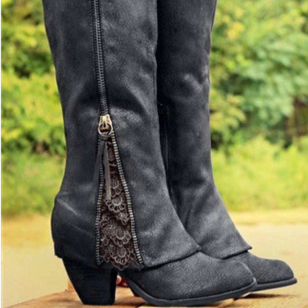 Women's Relaxed Leather Knee High Cowboy Boots with Block Heel