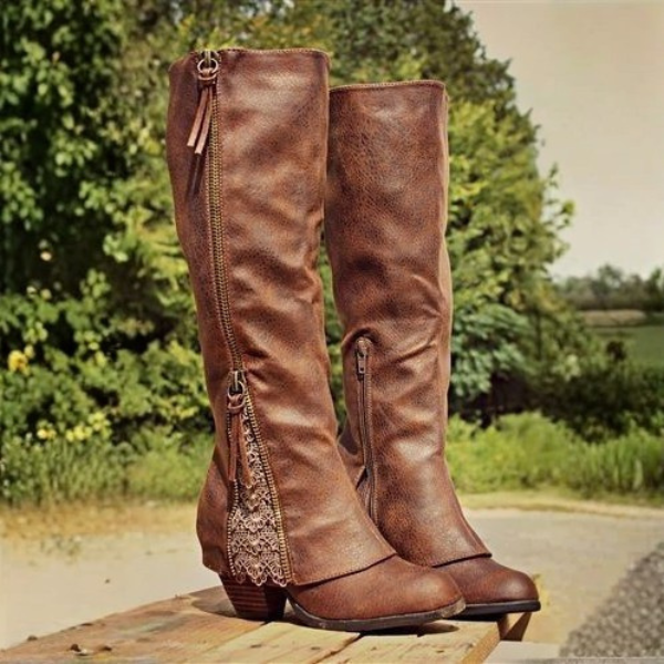 Women's Relaxed Leather Knee High Cowboy Boots with Block Heel