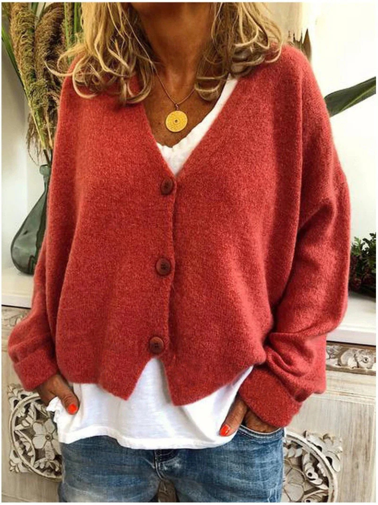 Women's Trendy Knit Cardigan with V Neck and Buttons