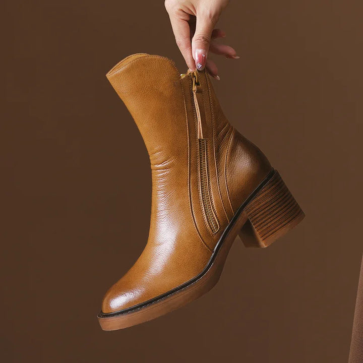 Women's Chic Leather Ankle Boots with Block Heel