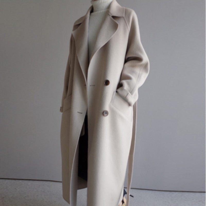 Women's Sophisticated Double-Breasted Wool Long Coat