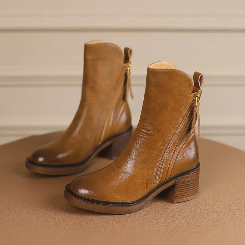 Women's Chic Leather Ankle Boots with Block Heel