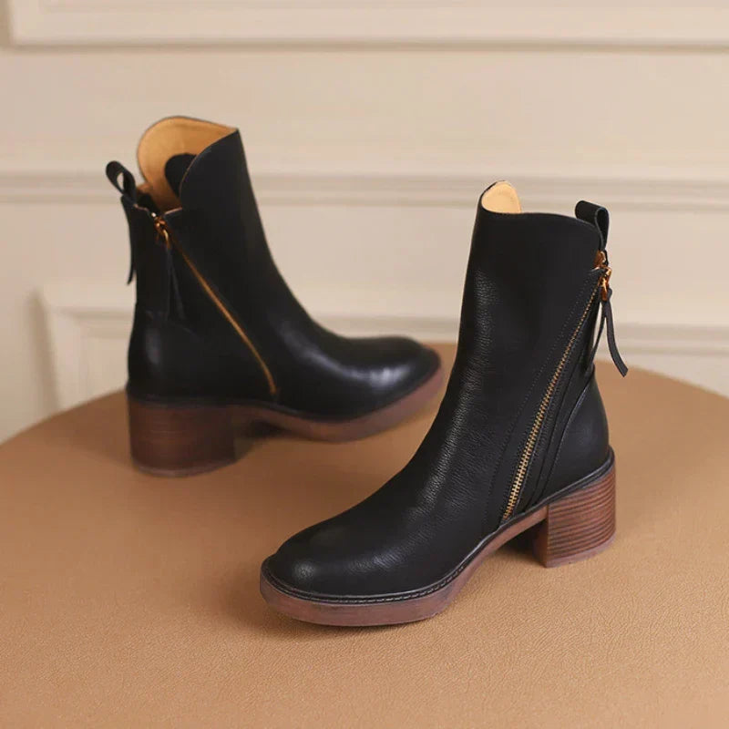 Women's Chic Leather Ankle Boots with Block Heel