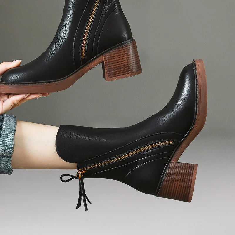 Women's Chic Leather Ankle Boots with Block Heel