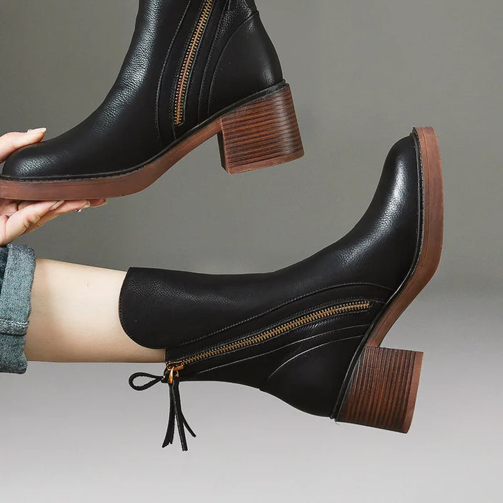 Women's Chic Leather Ankle Boots with Block Heel