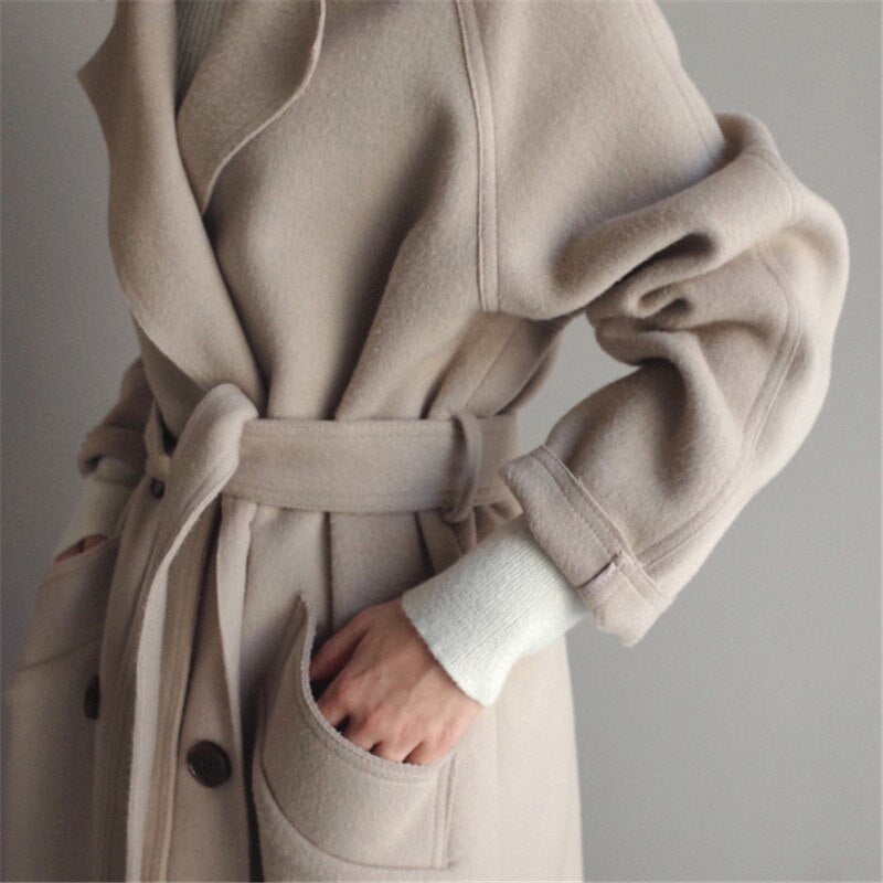 Women's Sophisticated Double-Breasted Wool Long Coat
