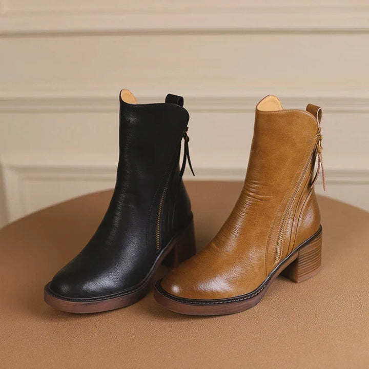 Women's Chic Leather Ankle Boots with Block Heel