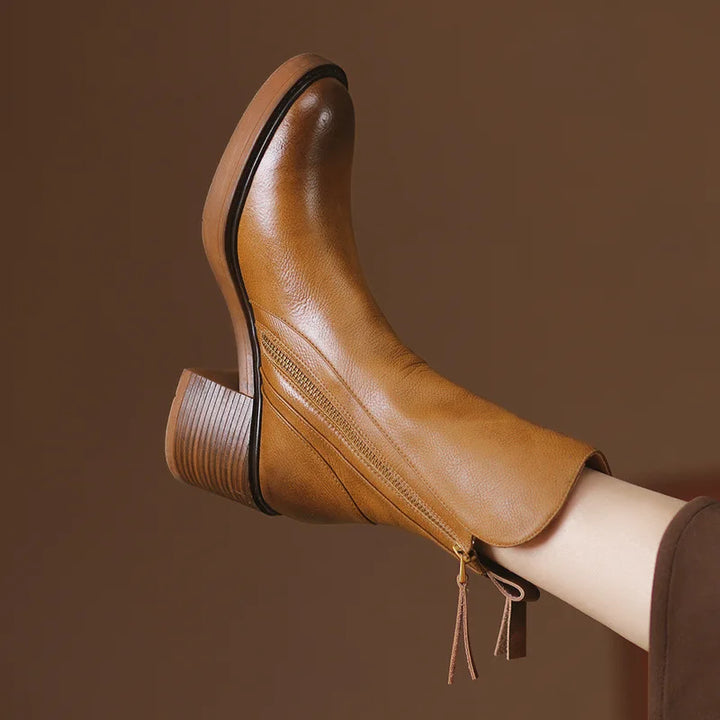 Women's Chic Leather Ankle Boots with Block Heel