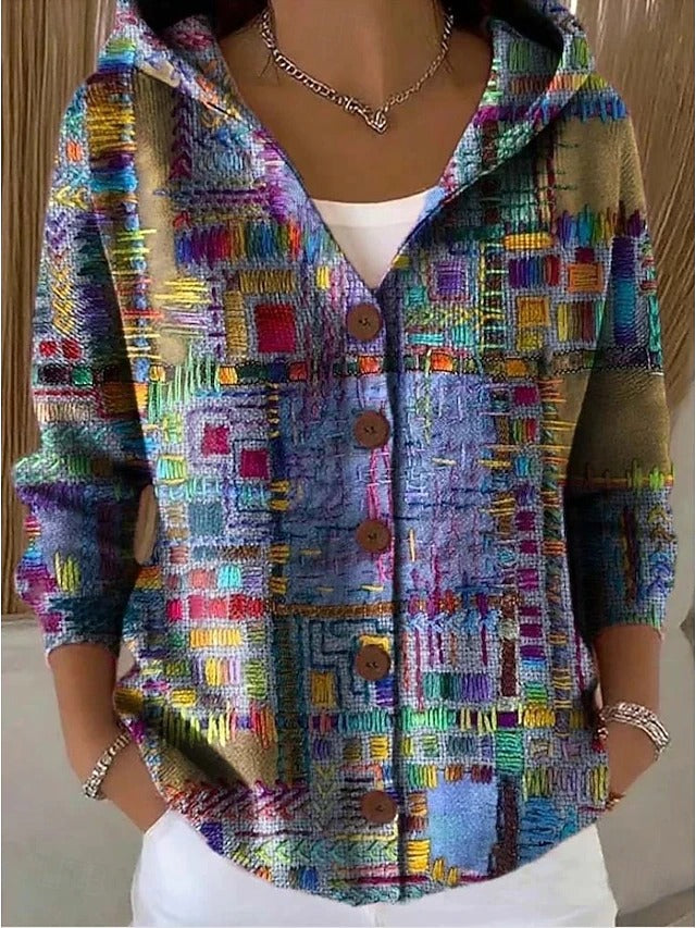 Women's Beautiful Vibrant Long Hooded Cardigan with Button-Up Front
