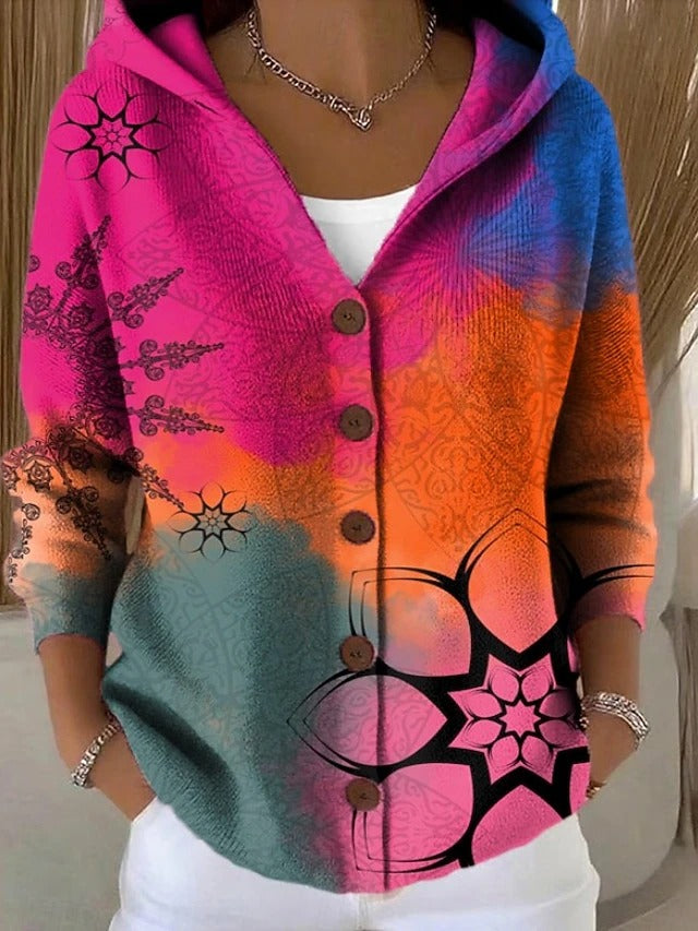 Women's Beautiful Vibrant Long Hooded Cardigan with Button-Up Front